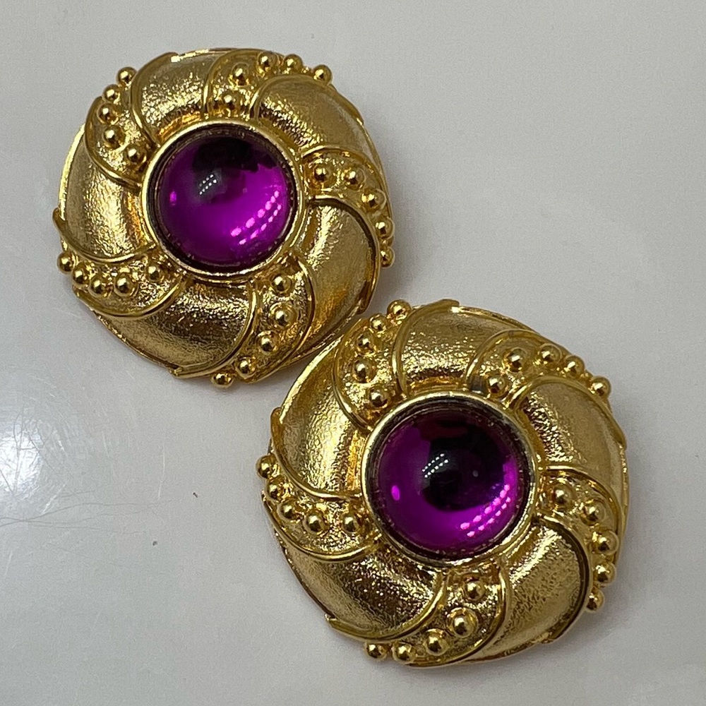 Vintage Gold and Royal Purple Cabochon Clip Earrings er2